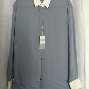 Philosophy Slate Blue Blouse with White Contrast Collar and Cuffs